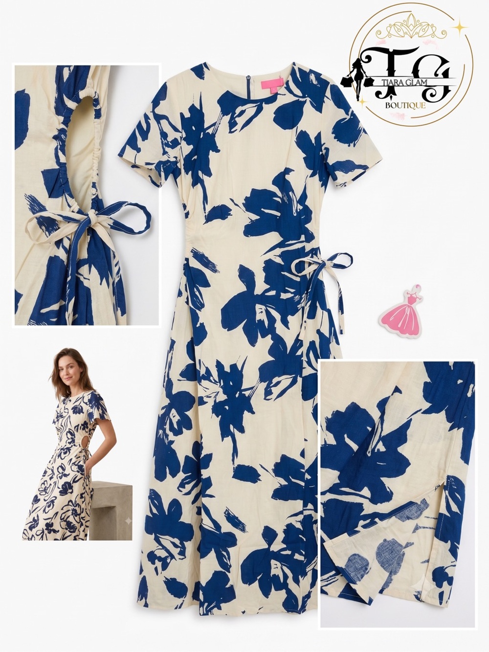 Blue Floral Tie-Waist Short Sleeve Dress - Cream & Navy
